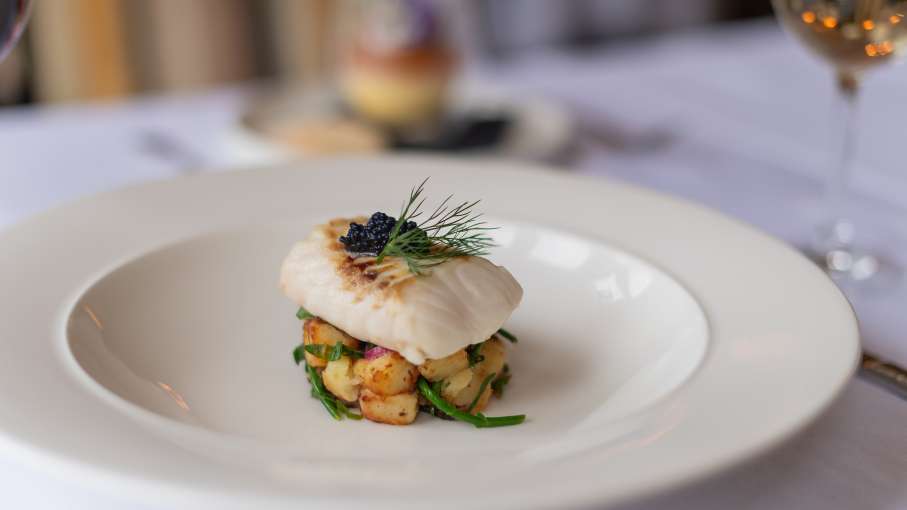 Fish on a bed of potatoes on a white plate