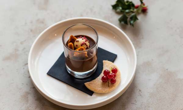 Imperial Hotel Restaurant Dining Christmas Dark Chocolate Bavarois with Honeycomb and Chocolate Truffle Dessert