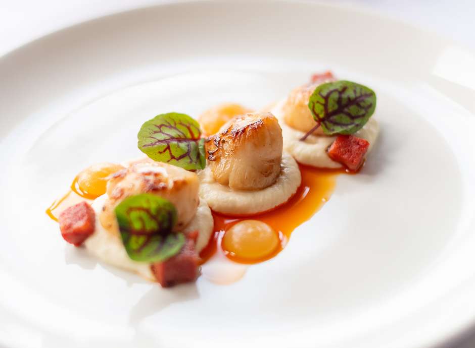 Scallop dish on a white plate at The Imperial Hotel 